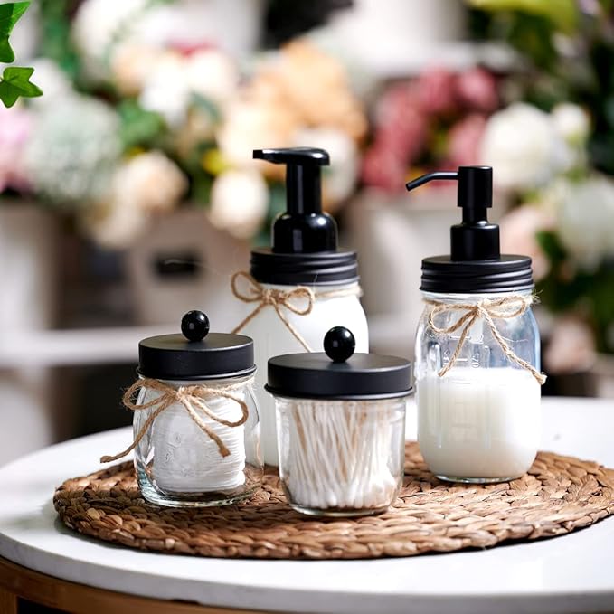 Amolliar 4 Pack Mason Jar Liquid Soap Dispensers, Rustproof Stainless Steel Lid Pump, Waterproof Sticker, Refillable Hand Soap for Bathroom, Kitchen, Dish Soap, Lotion Soap, Farmhouse Decor(Black) - Image 7