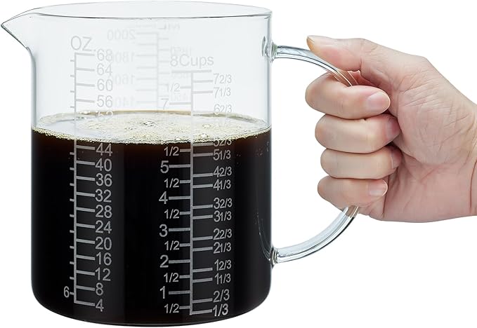 Ackers BORO3.3 Borosilicate Glass Measuring Cup with Insulated Handle, V-Shaped Spout, Clear, 2000ml/64oz Capacity, Etched Graduation, Easy to Read by AckersBORO33