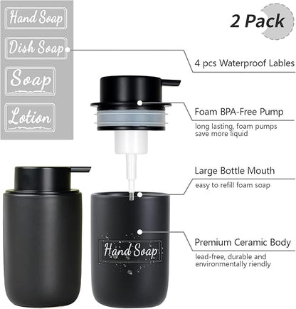 BosilunLife Foaming Soap Dispenser Set - Black Ceramic Foam Hand Dispenser 12oz Soap Dispenser Set with Rust Proof Pump, 4Pcs Clear Stickers for Kitchen, Bathroom - 2 Pack