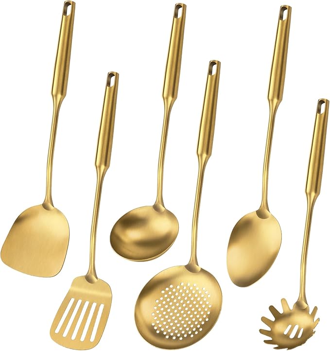 304 Stainless Steel Cooking Utensil,Kitchen Utensil with Spatula, Solid Spoon, Ladle, Skimmer, Spaghetti Spoon, 6 Piece Set, Dishwasher Safe(Gold) by Lazycorner