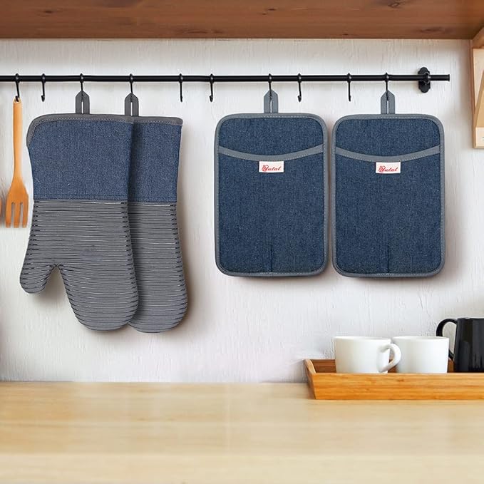 Yutat Oven Mitts, Pot Holders Set of 4 Made with Pure Cotton and Food Grade Non-Slip Silicone - 500 F Heat Resistant Oven Mitts and Pot Holders Sets for Kitchen Cooking (4pcs Set, Grey and Denim) - Image 7