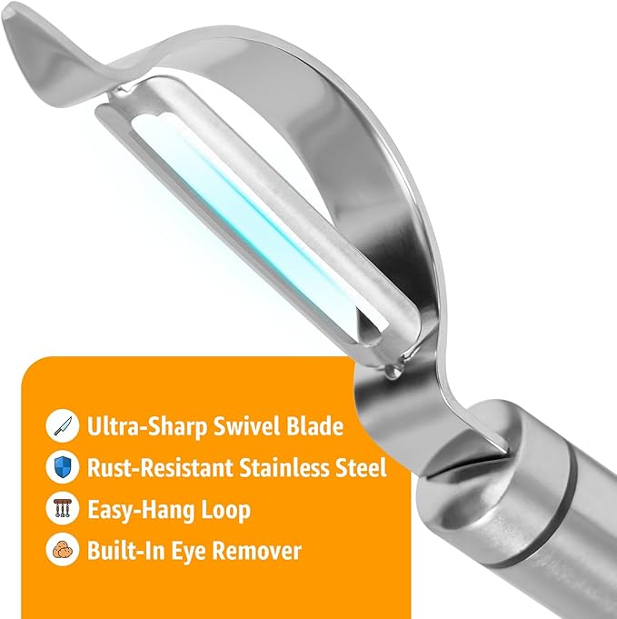 Potato Peeler Stainless Steel, Curved Multifunctional Vegetable Peeler for Kitchen, Peeler Knife Ultra Sharp Blade, Fruit & Veggie Food Peeler, Eye Remover, Hang Loop