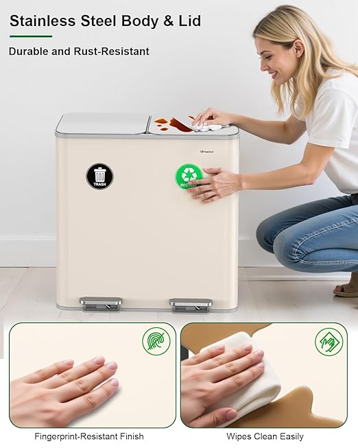 Lovewind 2×11.5 Gallon Dual Trash Can, Stainless Steel Dual Garbage and Recycling Can with Foot Pedal, 90° Stay-Open Lid, Large Dual Compartment Trash Recycling Bins Kitchen, Apricot