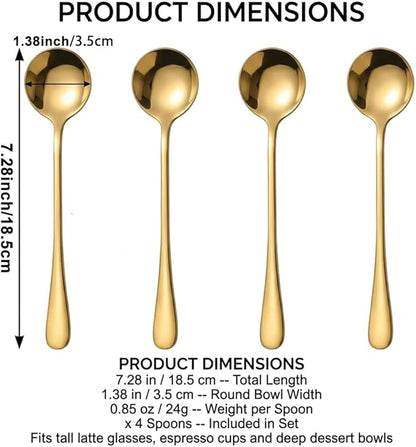Espresso Spoons Long Handle, 4PCS Gold Stainless Steel Coffee Stirring Spoons 7.28 Inch, Round Tip Demitasse Spoon for Iced Coffee, Tea, Dessert, Cappuccino, Coffee Bar