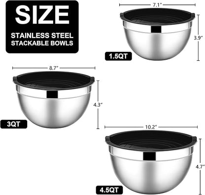 E-far Mixing Bowls with Lids, 6-Piece Stainless Steel Salad Bowls Metal Nesting Bowls for Baking Cooking and Prepping, Airtight Lids & Stackable Design, Size 4.5, 3, 1.5 QT (Black) - Image 2