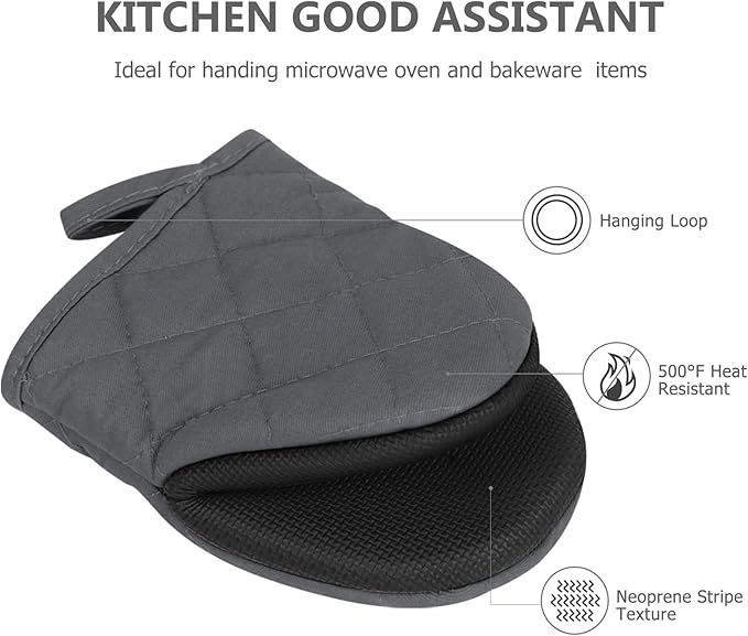 1 Pair Short Oven Mitts - Silicone Kitchen Oven Gloves High Heat Resistant 500℉, Mini Oven Mits with Non-Slip Grip Surfaces and Hanging Loop for BBQ, Baking, Cooking and Grilling (Solid Gray) - Image 3