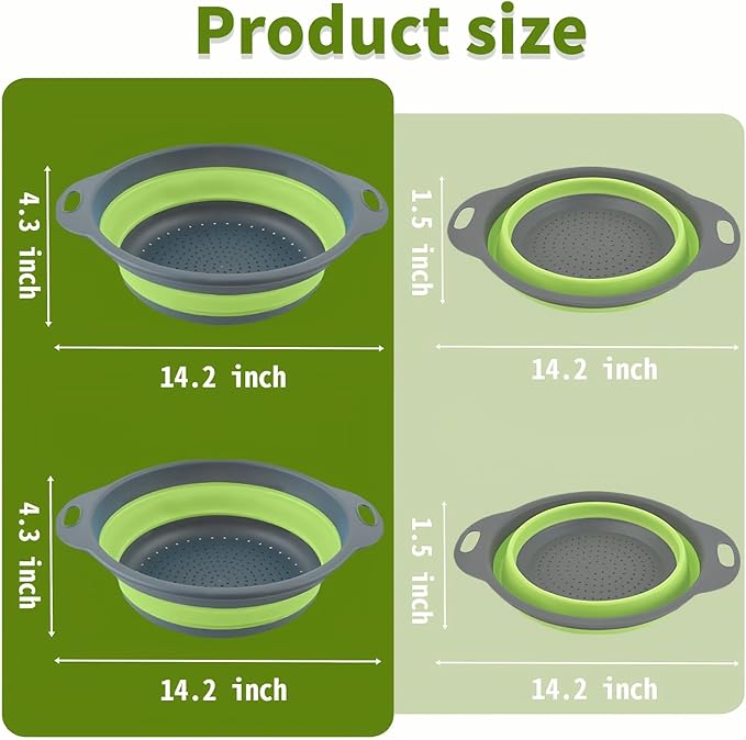 Silicone Colander Collapsible Strainers Set for Kitchen- 2 Pack (5Qt) -Over Home Draining Basket, Food Vegetables & Fruits-Dishwasher Safe, Space Saving Design (Greeen) - Image 2