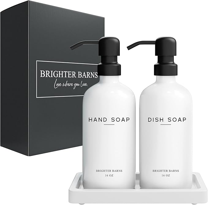 White Glass Hand and Dish Soap Dispenser Set by Brighter Barns - Kitchen Soap Dispenser Set with Tray for Kitchen, Home or Vacation Rental - Modern Kitchen Decor & Accessories (White) - Image 8