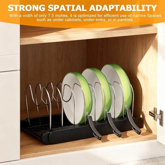 Expandable Pot and Pan Organizer Rack for Kitchen Cabinet or Under Sink,with 10 Adjustable Compartment 13"-23" Adjustable Length for Lids Bakeware Frying Rack and Cookware(COLOR:Black)