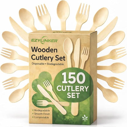 100% Compostable Cutlery Set - 150 Pieces Wooden Compostable Utensils [50 Forks, Knives, Spoons] - Disposable Wooden Cutlery, Eco Friendly Forks & Spoons Set Party Utensils by EZYLINKER