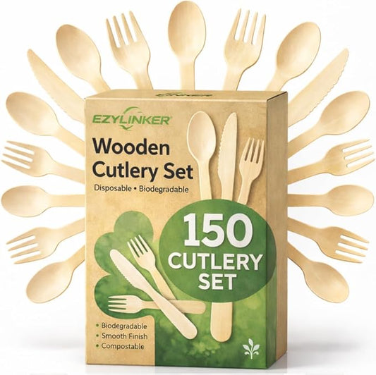 100% Compostable Cutlery Set - 150 Pieces Wooden Compostable Utensils [50 Forks, Knives, Spoons] - Disposable Wooden Cutlery, Eco Friendly Forks & Spoons Set Party Utensils by EZYLINKER