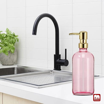 GMISUN Pink Soap Dispenser Bathroom, 1 Pack Glass Dish Soap Dispensers for Kitchen with Rustproof Plastic Gold Pump, 17 Fl Oz Bathroom Hand Soap Dispenser, Modern Liquid Dishwashing Dispensers Bottle - Image 5