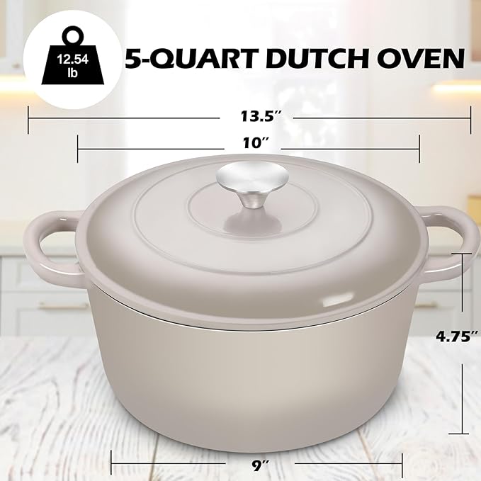 TeamFar 5Qt Dutch Oven, Enameled Cast Iron Dutch Oven with Lid & Dual Handles for Cooking Baking Braising Simmering, Healthy & Sturdy, Oven & Various Stovetops Safe, Non-stick & Easy Clean - Khaki - Image 2