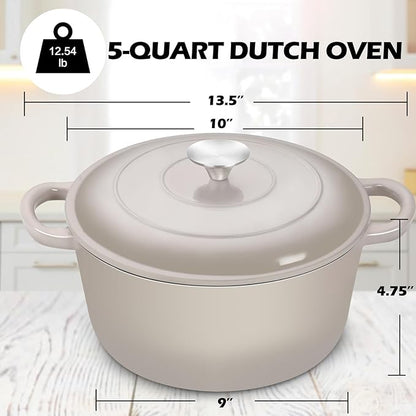 TeamFar 5Qt Dutch Oven, Enameled Cast Iron Dutch Oven with Lid & Dual Handles for Cooking Baking Braising Simmering, Healthy & Sturdy, Oven & Various Stovetops Safe, Non-stick & Easy Clean - Khaki - Image 2