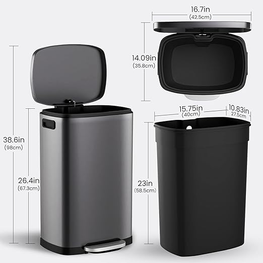 ELPHECO Kitchen Trash Can with Lid Soft Close, 13 Gallon / 50L Stainless Steel Pedal Garbage Can, Heavy-Duty Step Wastebasket with 20 Bags, Removable Bucket, Home Office, Titanium Silver - Image 4