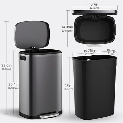 ELPHECO Kitchen Trash Can with Lid Soft Close, 13 Gallon / 50L Stainless Steel Pedal Garbage Can, Heavy-Duty Step Wastebasket with 20 Bags, Removable Bucket, Home Office, Titanium Silver - Image 4