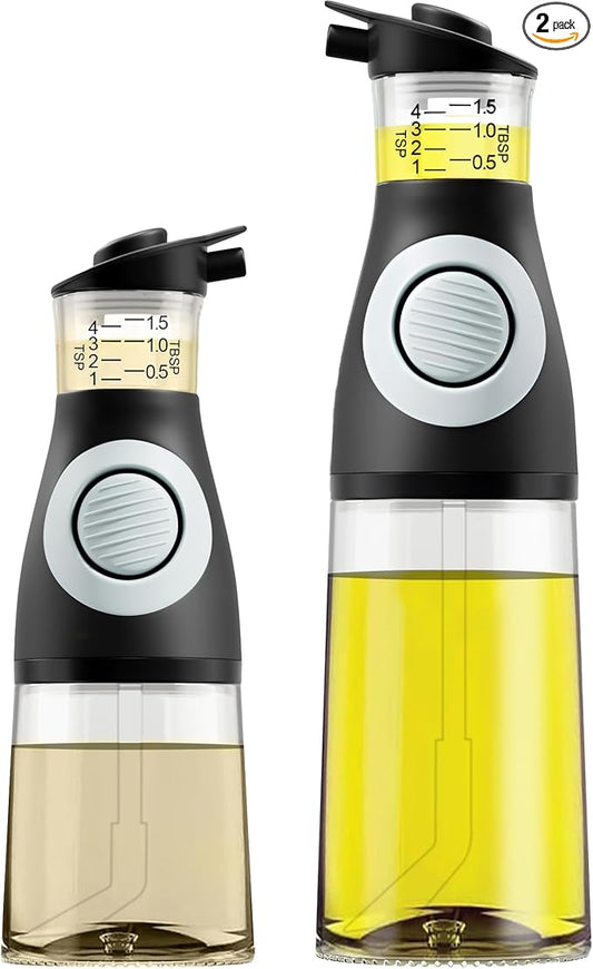 Belwares Oil and Vinegar Dispenser Set with Measuring Cup - 2 Glass Olive Oil Dispenser Bottles for Kitchen - Cooking Oil Bottle Set, Drip-Free Cruets for Salad Dressing, BPA-Free, Dishwasher Safe by Belwares