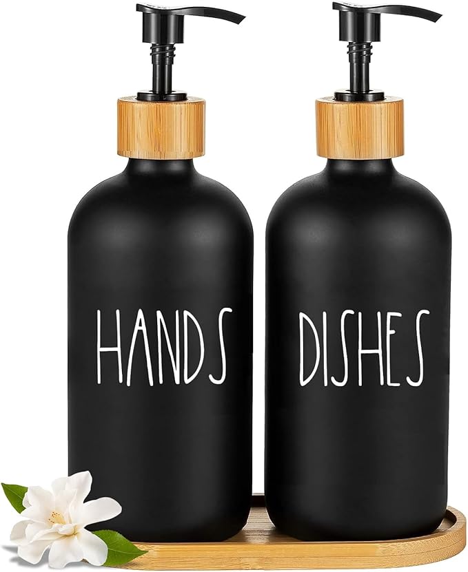 Arktek Glass Soap Dispenser Set with Tray, 2 Pack Hand and Dish Soap Dispenser Set for Bathroom and Kitchen Bottle Dispenser with Dish Soap, Hand Soap, Lotion 17 Oz (2 Black) by ARKTEK