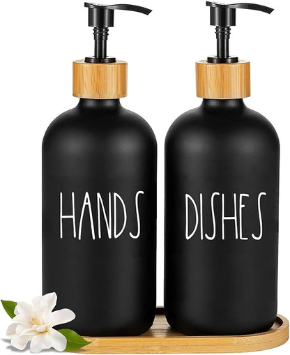 Arktek Glass Soap Dispenser Set with Tray, 2 Pack Hand and Dish Soap Dispenser Set for Bathroom and Kitchen Bottle Dispenser with Dish Soap, Hand Soap, Lotion 17 Oz (2 Black) by ARKTEK