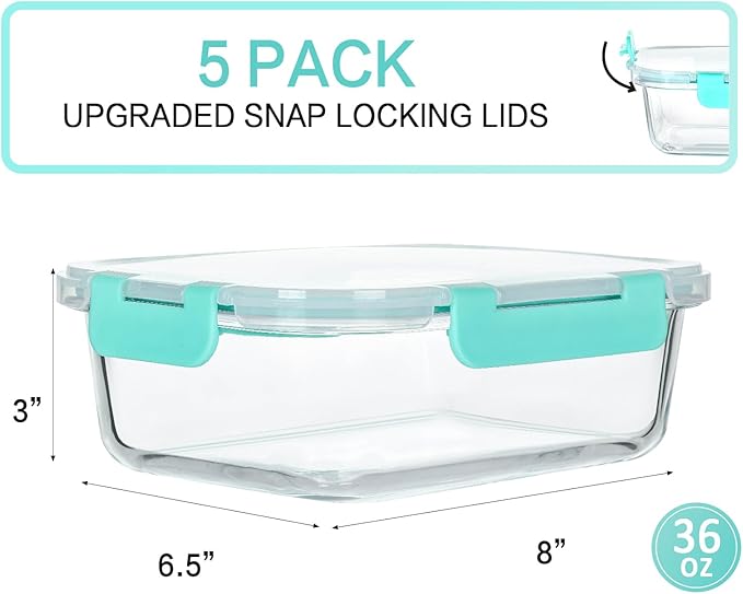 [5-Packs, 36 Oz.] Glass Meal Prep Containers with Locking Lids Glass Food Containers,Airtight Lunch Container,Microwave, Oven, Freezer and Dishwasher (4.5 Cup, Green) - Image 2