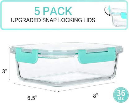 [5-Packs, 36 Oz.] Glass Meal Prep Containers with Locking Lids Glass Food Containers,Airtight Lunch Container,Microwave, Oven, Freezer and Dishwasher (4.5 Cup, Green) - Image 2