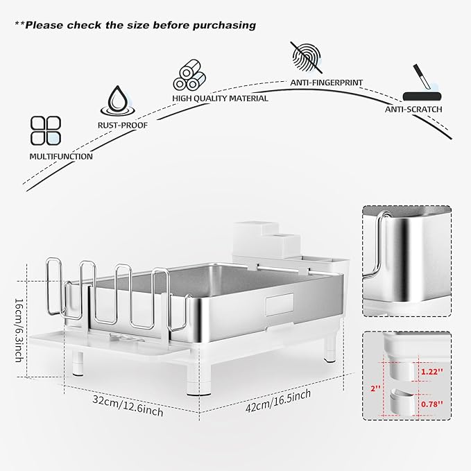 Ewaiira Dish Drying Rack, 304 Stainless Steel Dish Racks for Kitchen Counter, Dish Drainers with Automatic Drainage, Utensil Holder & Cups Holder, Space Saving Kitchen Organizer, White - Image 8