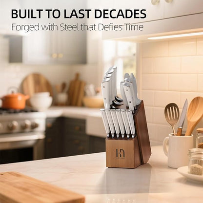 Knife Set, Premium 15 Piece Japanese High Carbon Stainless Steel Knives Set for Kitchen with Block and Sharpener, Razor Sharp Kitchen Knife Block Sets with Ergonomic Full-tang Handle, White - Image 7