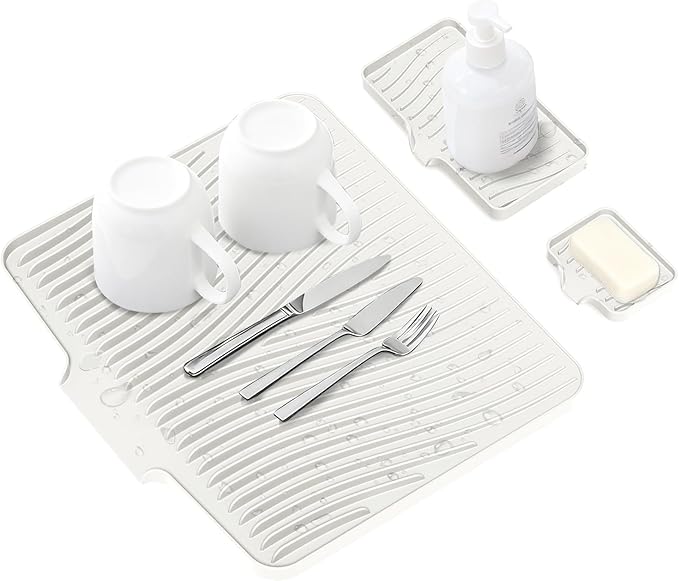 Silicone Dish Drying Mat for Kitchen Counter, Dish Drying Pad, Non-Slip Drain Pad with Built-in Drain, Heat Resistant Stone Drying Mat by COPLIB