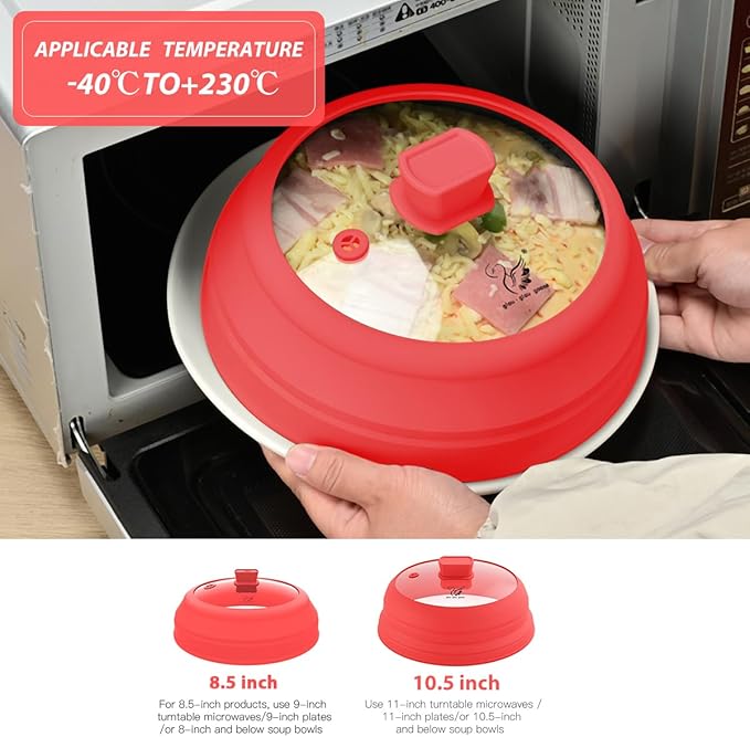 Microwave Splatter Cover Glass Splatter Guard Lid with Collapsible Silicone for Small Bowls Food Plate Cover 9 inch Red - Image 2