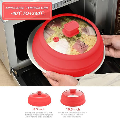 Microwave Splatter Cover Glass Splatter Guard Lid with Collapsible Silicone for Small Bowls Food Plate Cover 9 inch Red - Image 2