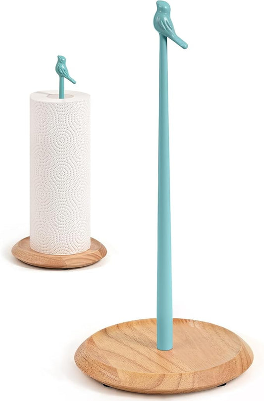 Wooden Paper Towel Holder countertop, Stylish Bird Shaped,Solid Wood Base&Iron Top, with Non-Slip Mat, Stable&Durable,Paper Towel Holder Farmhouse Style to Elevate Your Kitchen's Décor (Blue) by TOCEMEI
