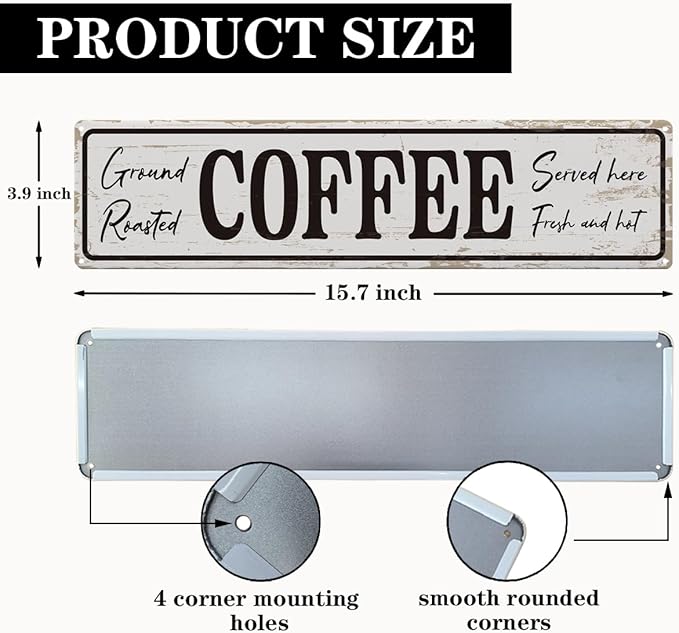 Coffee Signs for Coffees Corner Decor, Ground Roasted Coffee Served Here Sign, Retro Metal Tin Sign, Farmhouse Kitchen Wall Decor, Cafe Decoration, Decorative Metal Wall Signs 15.8x4 Inches - Image 2