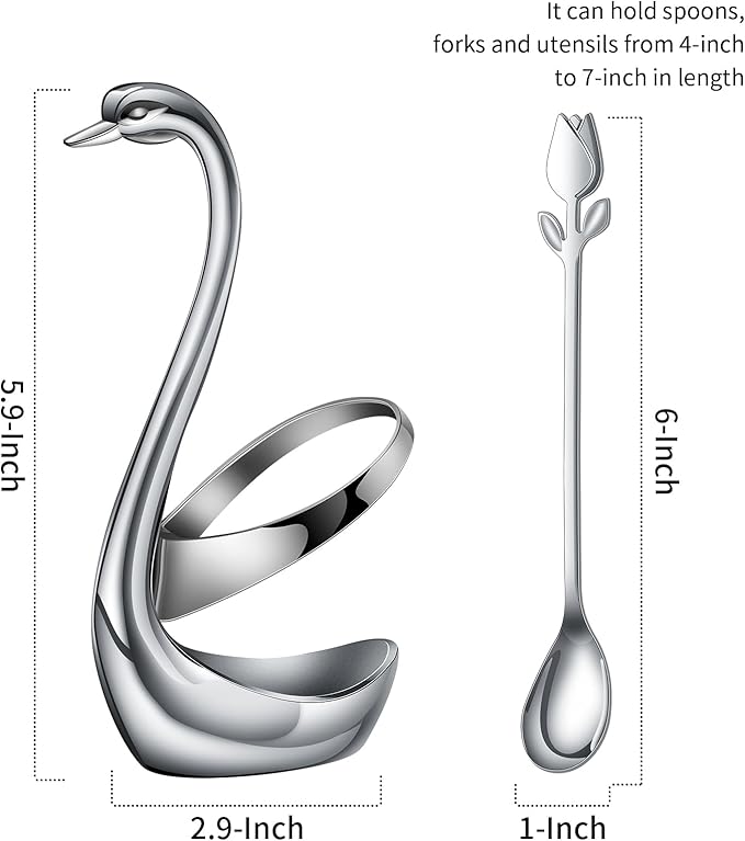 Silver Small Coffee Spoon Holder Set,Swan Base With 12 Pcs Demitasse Espresso Spoons Set,6" Mini Tulip/Rose Dessert Spoon,Stainless Steel Tea Spoons - Image 3
