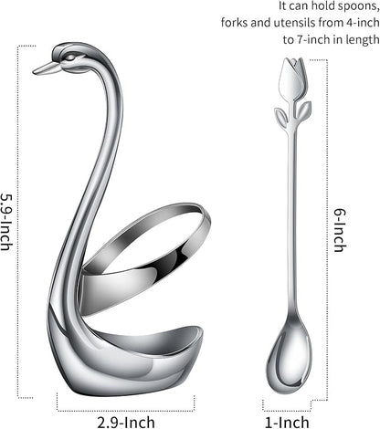 Silver Small Coffee Spoon Holder Set,Swan Base With 12 Pcs Demitasse Espresso Spoons Set,6" Mini Tulip/Rose Dessert Spoon,Stainless Steel Tea Spoons - Image 3
