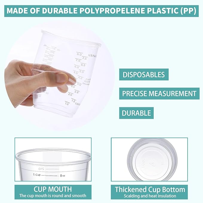 Clear Plastic Measuring Cups, 8oz Graduated Disposable and Reusable Mixing Cups for Resin, Paint, Stain, Cooking, Baking, and Crafts (100 Pack)