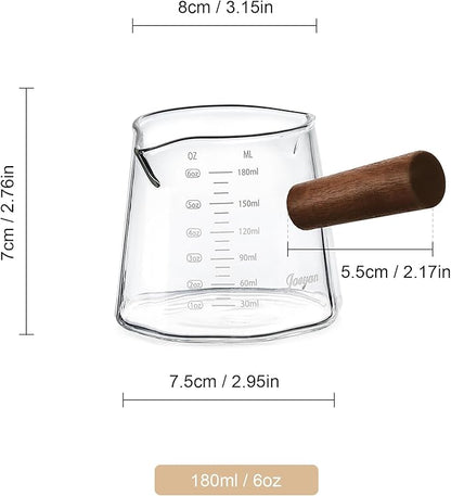 Joeyan 6 oz Glass Measuring Cup with Double Spouts,Borosilicate Espresso Shot Glasses with Wooden Handle,Claer Measuring Triple Milk Frothing Pitcher for Coffee Tea - Image 7