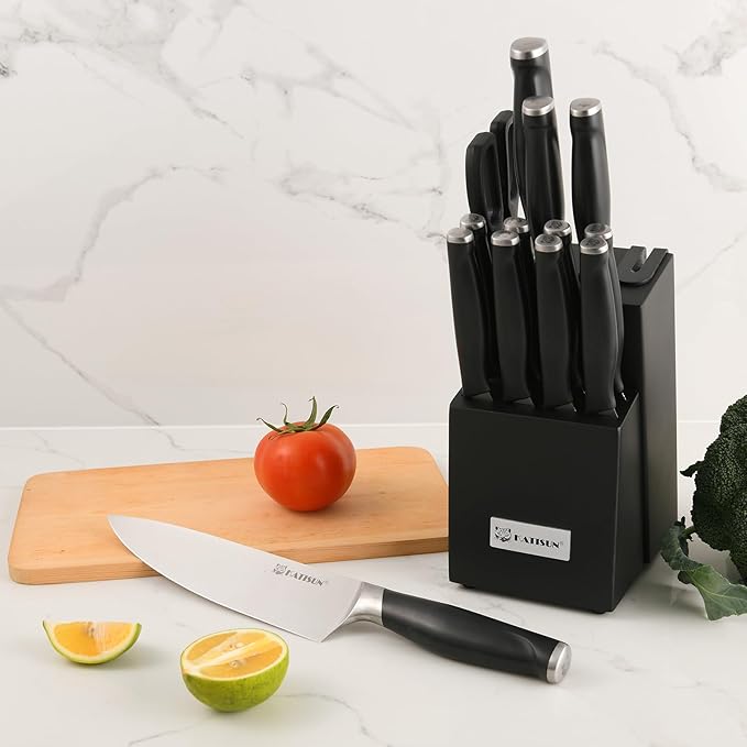 15-Piece Kitchen Knife Set with Block, ABS Ergonomic Handle for Chef Knife Set and Serrated Steak Knives Knife Sharpener and Kitchen Shears, Dishwasher Safe, Black Block - Image 8