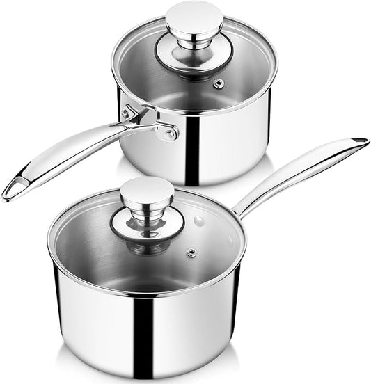 P&P CHEF 1 & 2 Quarts Tri-Ply Stockpot and Saucepan, Stainless Steel Sauce Pan with Lid, Cooking Induction Pot, Kitchen Cookware for All Stoves, Non-Toxic, Sturdy & Dishwasher Safe, 2 Pieces