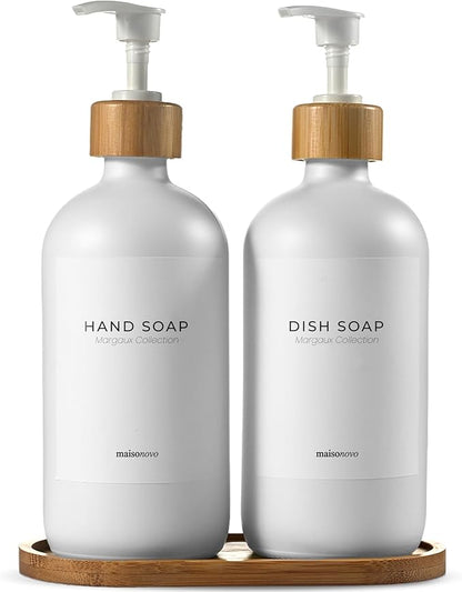 MaisoNovo Glass Soap Dispenser Bathroom Set of 2-16.9 oz Bathroom Soap Dispenser Set - White Glass Bottles x 2 with White Bamboo Pumps & Tray