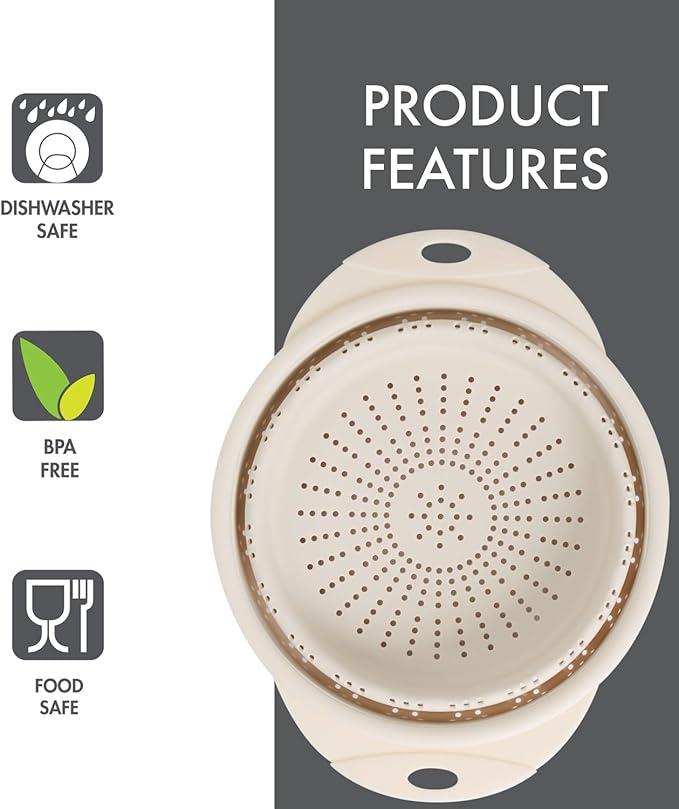 Dexas 10" Collapsible Silicone Colander in Cream, Kitchen Strainer with Handles, 15.1 Cup Capacity | BPA-Free, Heat-Resistant, Space-Saving Kitchen Tool - Image 4