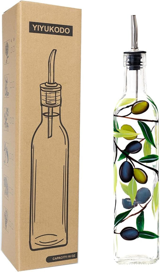 17oz Hand Painted Glass Olive Oil Bottle Dispenser- 500ml Green Oil & Vinegar Cruet with Pourers - Olive Oil Carafe Decanter for Kitchen (olive1)