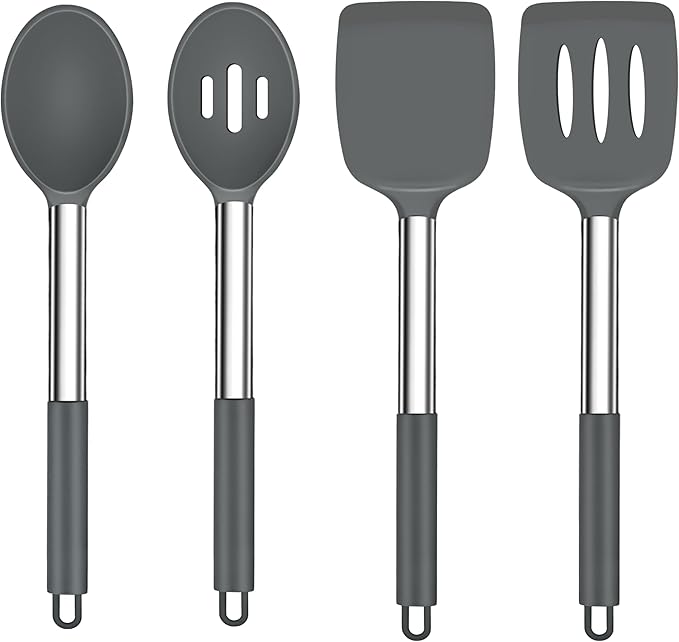 TeamFar Kitchen Utensils, 4PCS Heat-proof Silicone Cooking Utensils Set Slotted Spatula Solid Turner Spoon with Stainless Steel Handle, for Non-stick Cookware Flipping, Frying, Draining – Gray by TeamFar