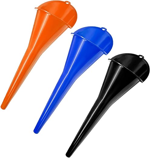 3-Pack Long-Neck Oil Funnels, 11" Multi-Purpose Funnels for Automotive & Motorcycle Use – Reusable Funnel for Oil, Gas & Transmission Fluid (Orange&Blue&Black)