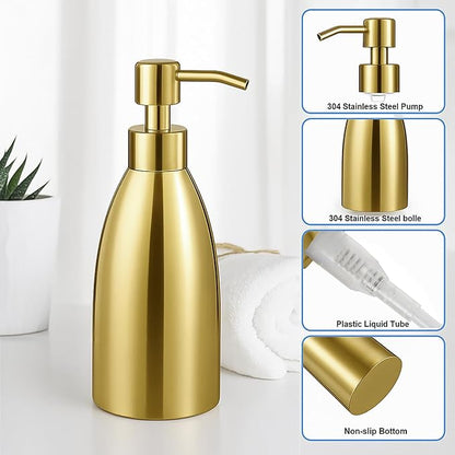 304 Stainless Steel Soap Dispenser 16oz Rust-Proof Liquid Soap Pump Bottle for Kitchen or Bathroom Countertop Hand Dish Lotion Leak-Proof (Polished Gold)