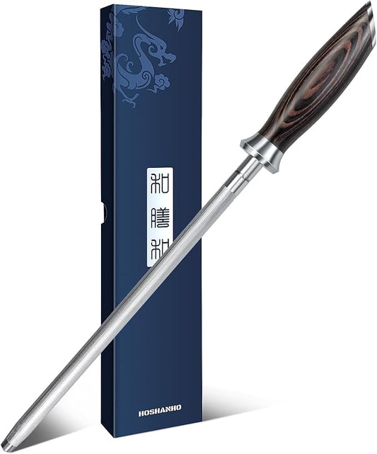 HOSHANHO Honing Rod,10 Inch Professional Kitchen Knife Sharpener Rod, Japanese High Carbon Knife Sharpening Steel with Ergonomic Pakkawood Handle, Ideal for All Chef Knives by HOSHANHO