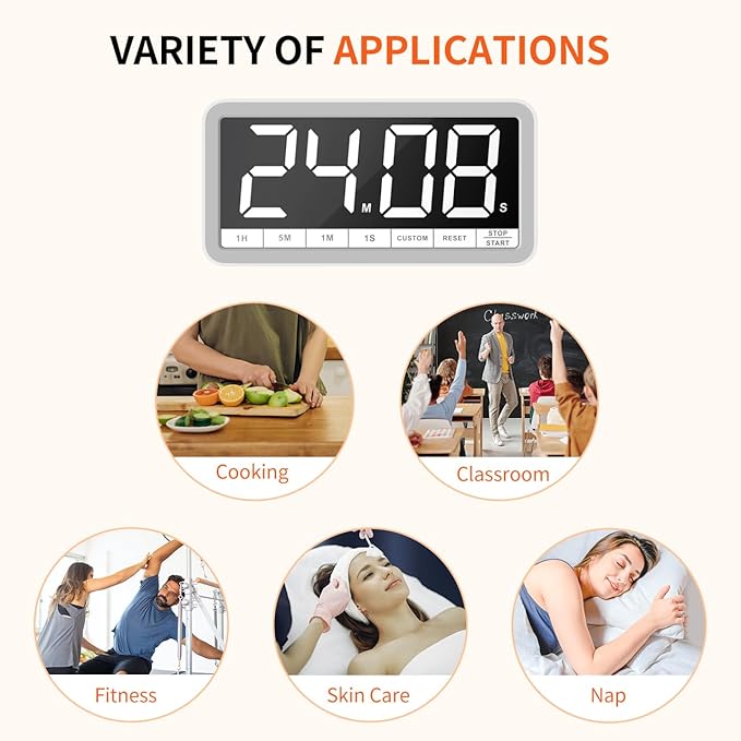 VOCOO Digital Kitchen Timer with 7.8” Extra Large Display, Magnetic, LED with 3 Brightness, 4 Alarms and 3 Volume Levels, Battery Countdown Count Up Timer for Cooking, Classroom, Home Gym (White) - Image 7