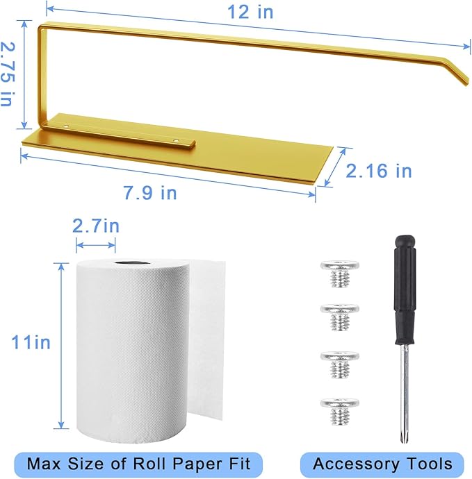 Gold Paper Towel Holder, Magnetic Paper Towel Holder for Fridge, Toilet Paper Roll Holder Magnet Towel Rack Wall Mount Fridge Organizer for Paper Towels Rolls Bathroom Pantry RV Kitchen Storage Golden - Image 2