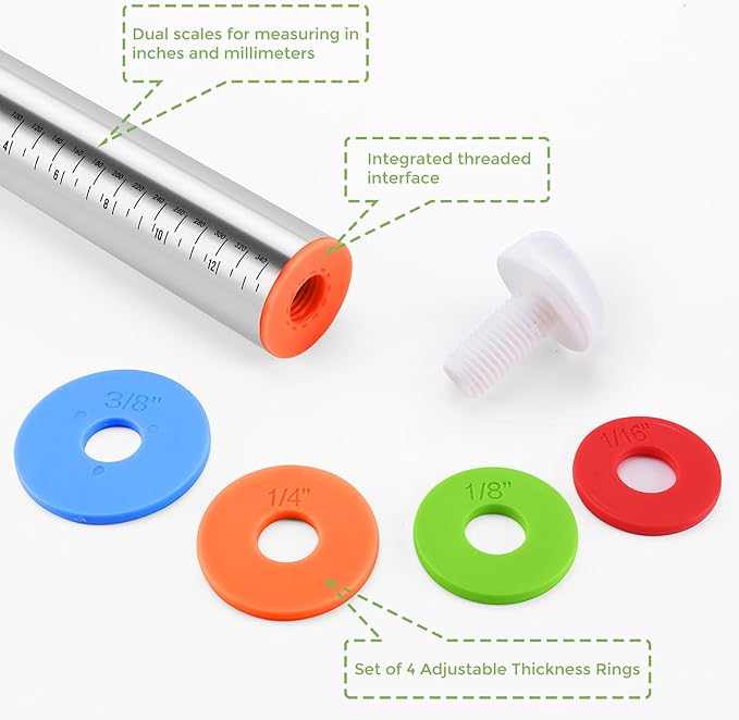 Rolling Pin with Adjustable Thickness Rings and Silicone Baking Pastry Mat Set for Baking,Stainless Steel Dough Roller,Baking Supplies for Cookie Fondant Pizza Cake Pasta (Black) - Image 4