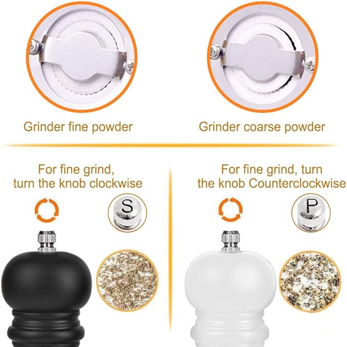 Premium Salt and Pepper Grinder Set of 2, Wood Salt and Pepper Shakers with Ceramic Core, Refillable Manual Sea Salt Pepper Mill Adjustable Coarseness for Spice/Chili/Sesame, 6.5 Inch (Black+White)