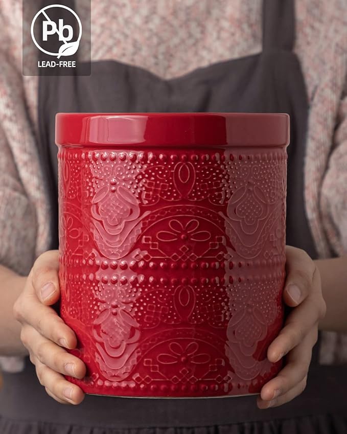 FUN ELEMENTS Kitchen Utensil Holder, 7.2" Super Large Utensil Crock Heavy and Stable Lace Emboss Ceramic Utensil Holder for Kitchen Counter (Christmas Red) - Image 4